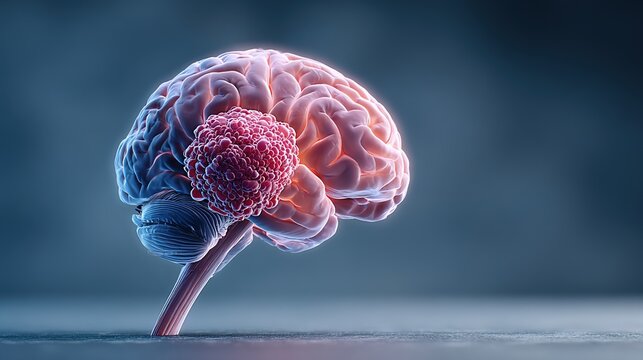 3D Medical Illustration of Human Brain Cancer, Malignant Brain Tumor Development Inside Cerebral Tissue, Abnormal Cancerous Cell Growth, Neurological Disease Anatomical Visualization for Medical Educa