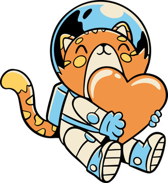 astronaut cat hugging heart shape gift illustration, cute lovely character