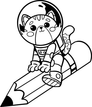 astronaut cat riding a rocket illustration, cute character line art