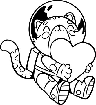 astronaut cat hug love gift illustration, cute lovely character line art