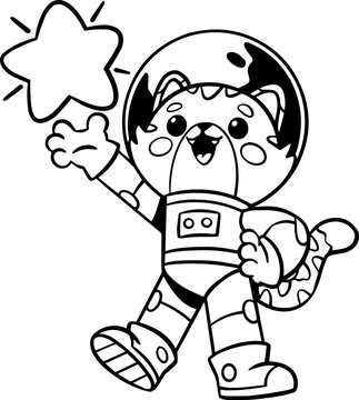 astronaut cat with a star, cute character line art