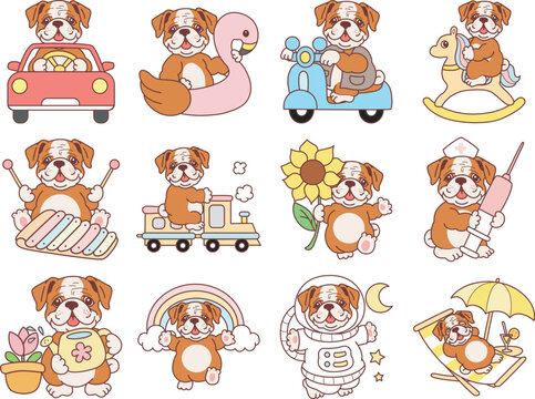 Cute funny Bulldog sticker icon. Funny Bulldog 