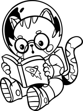 astronaut cat illustration, cat reading a book mascot line art