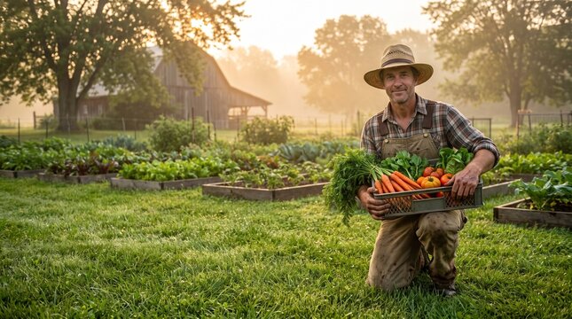 Happy farmer proudly holding freshly harvested organic vegetables in a sustainable garden during golden hour. Healthy food, local farming and eco-friendly agriculture concept.
