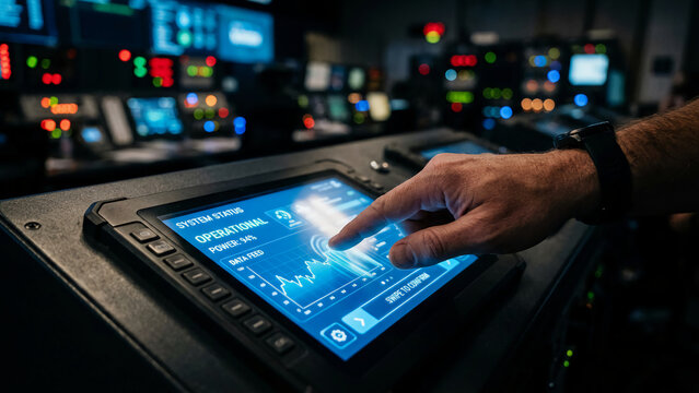A person's hand interacting with a digital touchscreen display in a control room.