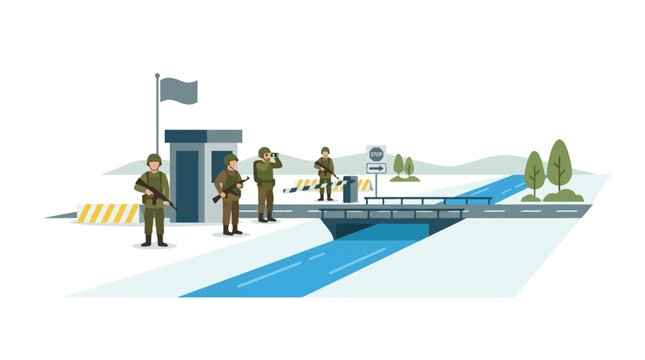 Military checkpoint with soldiers guarding a bridge in vector illustration