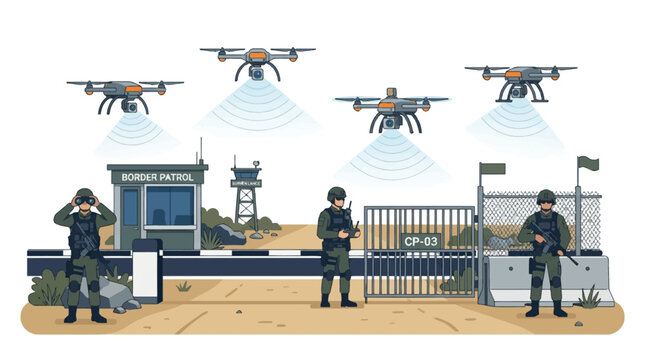 Border patrol scene with drones and security personnel at checkpoint
