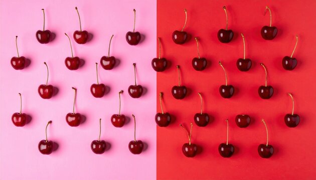 Fresh sweet cherries arranged on vibrant red and pink backgrounds.
