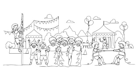 Obraz premium Children's outdoor summer festival games: sack race, tug of war, and pole climbing.