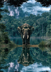 Fototapeta premium An impressive elephant stands on the edge of a peaceful lake, its reflection shimmering in the clear water. Towering trees frame the scene, creating a calm, harmonious atmosphere.