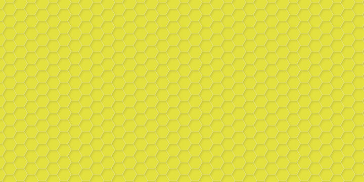 Vector abstract yellow grid digital hexagon technology background. Embossed Hexagon, honeycomb yellow mosaic cell web light shadow texture wall decoration futuristic wallpaper design.
