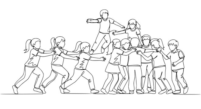 Children playing trust fall game, team building, unity, support, friendship, fun, continuous line art