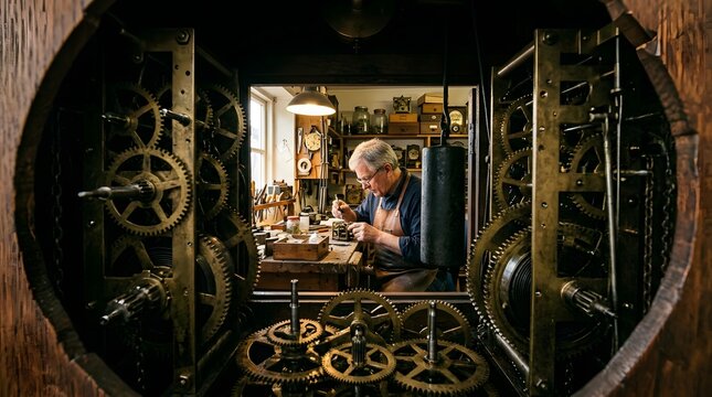 Master Clockmaker meticulously repairs intricate antique clockwork mechanism in workshop.