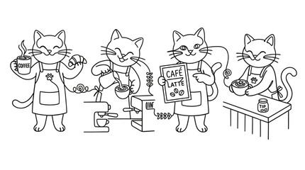 Cute Cats Making Coffee and Serving Lattes in a Cafe © sky