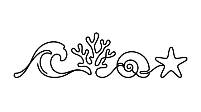 Minimalist Ocean Border Line Art: Wave, Coral, Seashell, Starfish