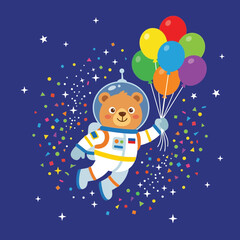 Naklejka premium Cute bear astronaut floating in space with colorful balloons
