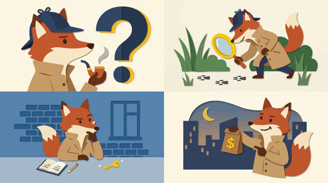 Detective Fox Investigating Mystery and Solving Crime Scenes with Magnifying Glass