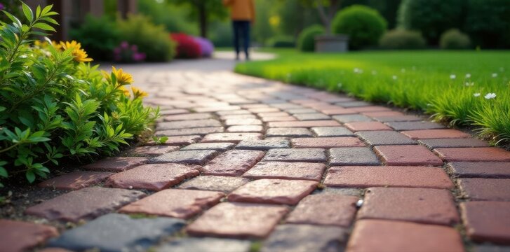 Interlocking pavers create a durable paved surface , pattern, patio, cobblestone