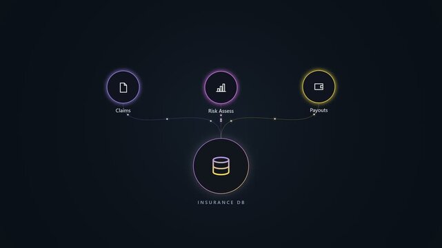 Insurance data flow diagram with digital icons on dark background