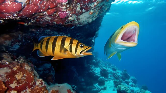 Underwater view of a golden trevally and a dog snapper with open mouth swimming near a colorful coral reef in the blue ocean