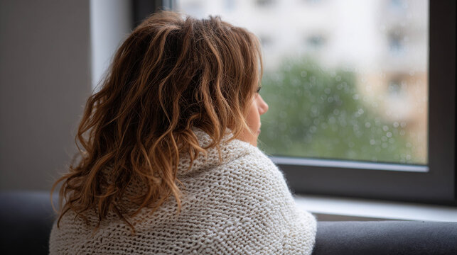 A woman with curly brown hair looking out of a window, wrapped in a cozy blanket. The mood is pensive and contemplative, with the soft light highlighting her thoughtful expression
