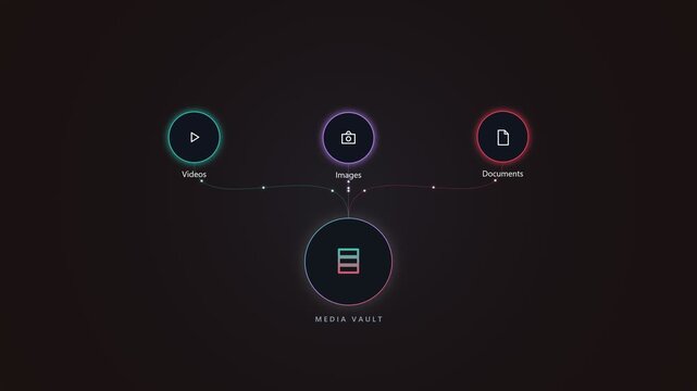 Media vault interface with digital file storage and data icons