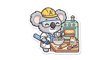 Cute Koala Engineer Baking Delicious Cookies in Kitchen with Oven and Blueprint © sky