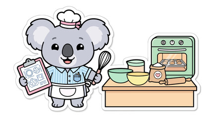 Cute Koala Chef with Baking Supplies and Oven, Illustrated Character © sky