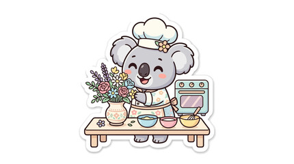 Cute Koala Chef Baking with Flowers and Ingredients, Kawaii Style © sky