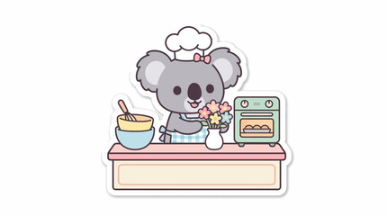Cute Koala Chef Baking Cookies in Kitchen with Oven and Mixing Bowls © sky