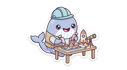 Cute Whale Chef Decorating Cupcakes with Rocket and Telescope © sky