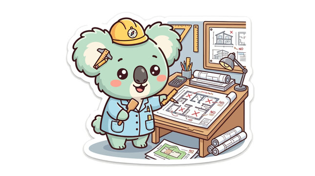 Cute Koala Architect at Desk with Blueprints and Tools