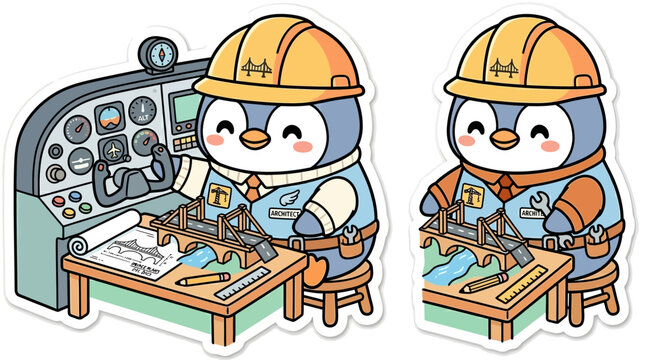 Cute Penguin Engineer Designing a Bridge at a Drafting Table