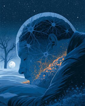 A serene sleeping figure under a starry night sky, with glowing neurons and tiny glial cells clearing soft debris inside a transparent head silhouette, restful mood, moonlit blue lighting, layered