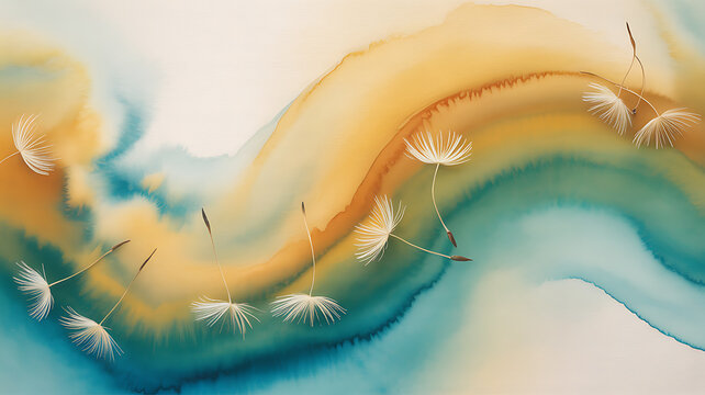 Dandelion seeds with watercolor wash background featuring flowing teal and golden hues seedhead seed fluff parachute blowball pappus
