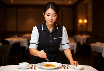 Fototapeta premium female restaurant server arranging food on plate