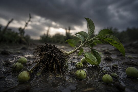 Young seedling uprooted by storm with unripe fruit on soil.