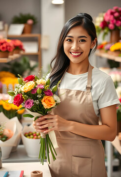 Smiling florist holding colorful flower bouquet indoors