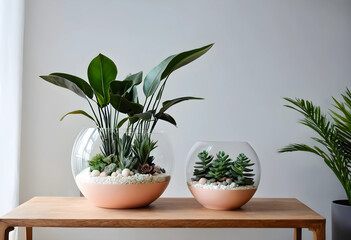 Fototapeta premium Minimalist florariums with green plants on wooden table