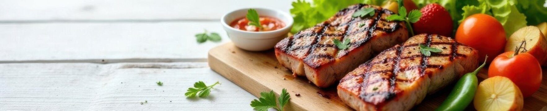 Grilled meats, veggies, fruit salad, potatoes on white wood Summer BBQ feast , appetizer, banner, salad