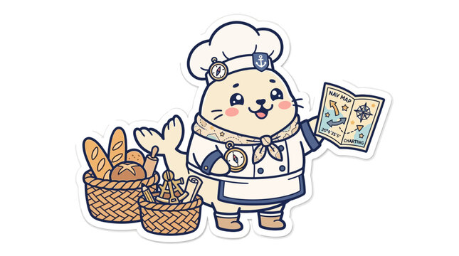 Cute seal chef with bread and nautical map, cartoon style