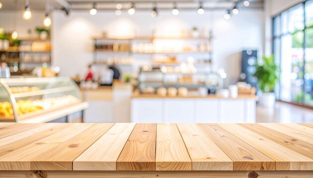 Empty rustic wooden table in foreground with blurred bakery cafe interior background interior restaurant shopinterior