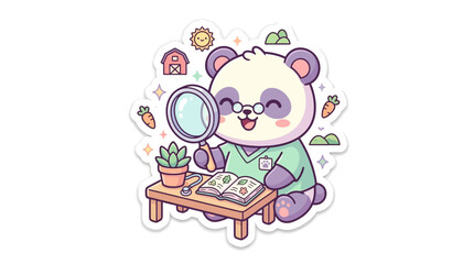 Cute panda examining a book with a magnifying glass, learning, exploration, kawaii style © Raya