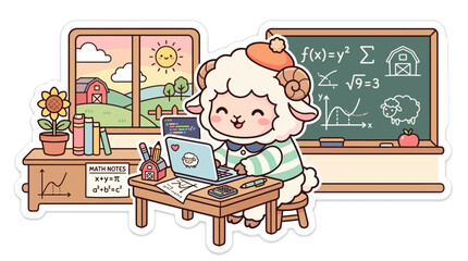 Cute sheep studying math and coding on laptop in classroom with blackboard and sunny window © Raya
