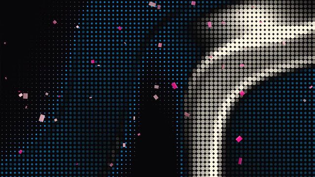 Abstract Dotted Pattern: A captivating abstract design featuring a mosaic of small blue and white dots, interspersed with scattered pink square fragments against a dark background, creating a modern.
