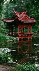 Naklejka premium A picturesque lakeside pavilion made of red-painted wood, surrounded by lush greenery and reflecting beautifully on the water surface.