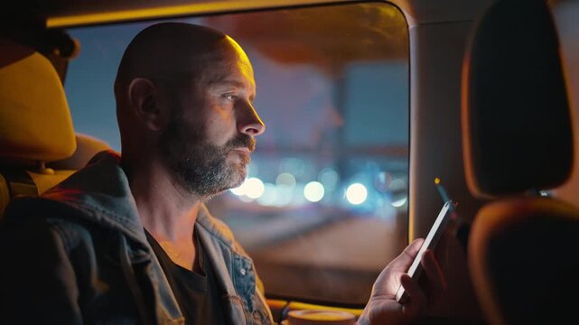 Bearded man in denim jacket sits in minibus interior browsing smartphone during evening ride. City lights create bokeh through window as passenger checks phone in shuttle van cabin.