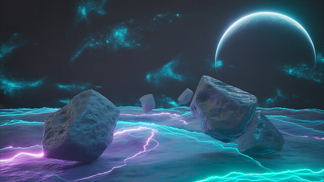 Rocky landscape with glowing neon waves and a distant planet a 3d rendered scene astronomy celestial cosmic elevation