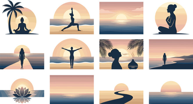 Yoga meditation wellness sunset beach silhouette vector illustration bundle featuring relaxation breathing exercises lotus pose aromatherapy oil diffuser and tropical ocean landscape