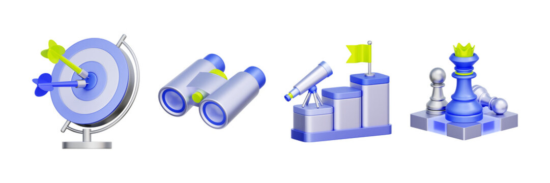 3D illustration of strategic vision object set with target, binoculars and chess pieces for business planning, goal achievement, leadership, tactical execution, and market analysis.